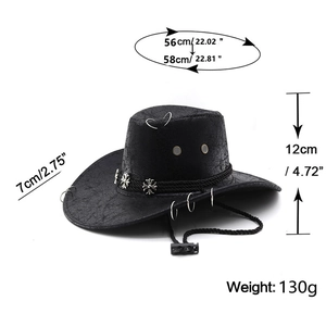 Chapeau de cowboy noir de style western avec croix en métal et cordon réglable