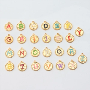Detailed grid view of 26 colorful enamel alphabet pendants with gold plating and alloy finish