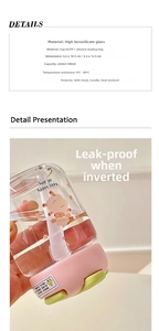 Detail showing the leak-proof silicone seal and vertical size specs for glass water bottle