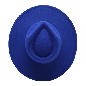 Top-down view of royal blue wool felt fedora showing crown indentation and wide brim