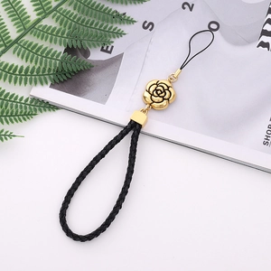 Retro golden camellia flower phone lanyard with black leather braided rope and gold clips