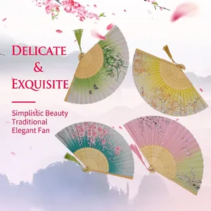 Set of four traditional Chinese bamboo folding fans with floral silk patterns and tassels