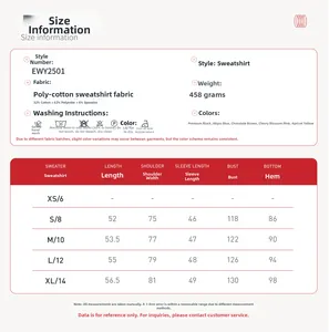 Detailed size chart for hooded sportswear hoodie with cotton blend fabric measurements
