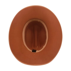Detail view of the rust-red wide brim fedora hat interior with adjustable sweatband