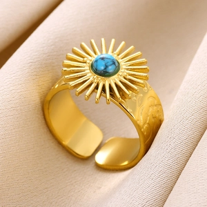 Detailed close-up of a vintage sunray turquoise ring set in gold-plated titanium steel
