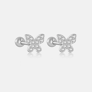 Detail of silver S925 butterfly stud earrings with zircon inlay and screw ball back