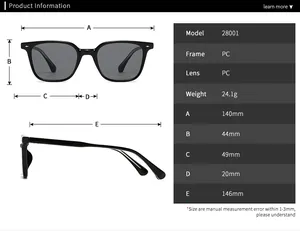 Detailed size chart for retro PC sunglasses showing lens width and frame measurements