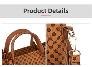 Detail of caramel brown handbag showing clover pattern and golden metal buckles