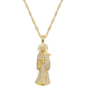 Gold Santa Muerte pendant with sparkling rhinestones on a stainless steel chain