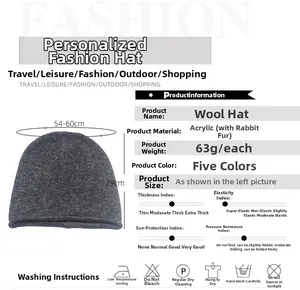 Detailed size chart for the dark gray winter rabbit hair blend beanie showing high elasticity