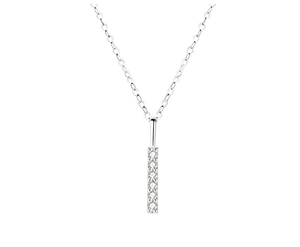 Macro shot of silver vertical bar pendant with pavé set sparkling clear gemstones