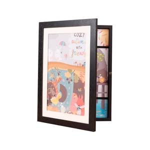 Black wooden kids art frame with magnetic flip opening for storing 150 children drawings