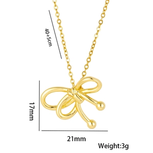 Gold bow pendant necklace with snake chain showing precise 40+5cm length and dimensions