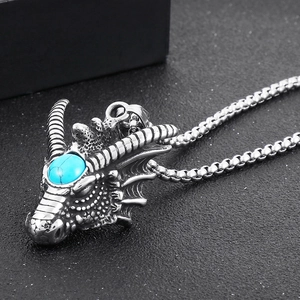 Punk vintage dragon head necklace in silver stainless steel with blue turquoise stone inlay