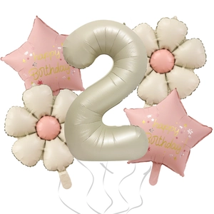Close-up of beige number 2 balloon with daisy and pink happy birthday stars