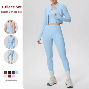 Women Nylon Spandex Zip Up Long Sleeve Jacket Sports Bra Leggings Yoga Top And Bottom Slim Fit Gym Wear Athletic Outfit