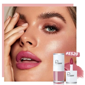 Velvet matte liquid lipstick in rose pink shade #E520 with natural makeup effect