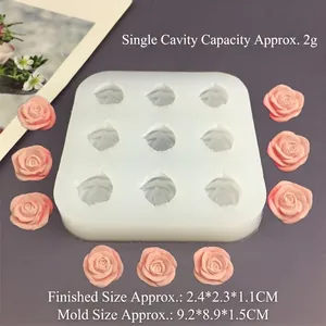 Detail view of 9-cavity rose silicone mold with size specs for DIY cake resin crafting