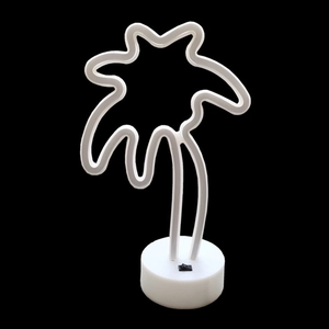 Detail of white LED coconut tree neon lamp with a round base and power switch