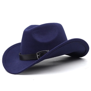 Detail of navy wool felt cowboy hat with black leather belt and silver buckle