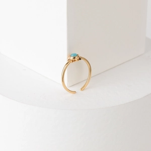 Vintage sun burst adjustable brass ring with blue gemstone in 14k gold plating