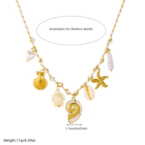 Ocean themed knot rope necklace with gold starfish, seashell, and turtle pendants