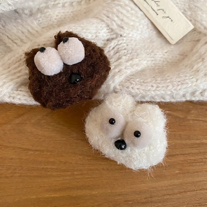 Cute plush cartoon brooches in brown and white, stylish fuzzy clothing accessories for women