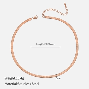 Flat rose gold snake chain necklace with dimensions and stainless steel material details