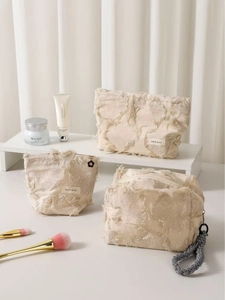 Retro Cotton Linen Makeup Bag Tassel Frayed Edges Jacquard Canvas Portable Travel Cosmetic Toiletry Pouch For Women