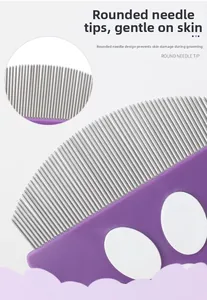 Macro detail of pet grooming comb with round needle tips and purple ergonomic handle