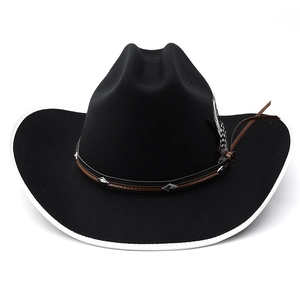 Classic black wool fedora western cowboy hat with white trim and feather accent