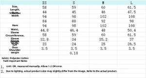 Detailed size chart for minimalist cotton-blend poplin shirt showing XS-L dimensions