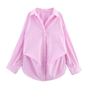 Pink striped long sleeve shirt with unique layered hem and chest pocket for women