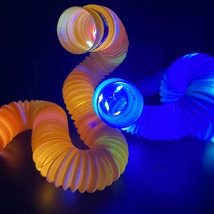 Glow in the dark LED pop tube toys in blue and yellow colors for stress relief