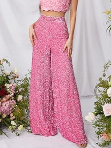 Pantalon Large À Paillettes Polyester Élasthanne Femme Taille Haute Fluide Fête Club Soirée Banquet Trouser