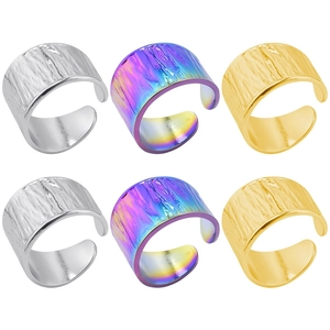 Hammered Texture Stainless Steel Open Ring Adjustable Retro Punk Band Jewelry For Men Women