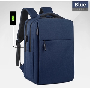 Detail of blue business backpack with built-in USB charging port and water-resistant fabric