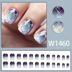 Purple and white gradient press-on nails with silver grid glitter patterns 24-piece set