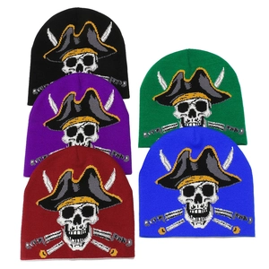 Winter knitted beanie hats featuring pirate skull jacquard in five different vibrant colors