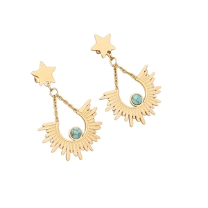Star and sunburst pendant earrings in gold finish with turquoise stones on white background