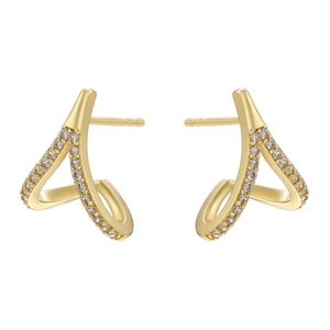 Macro shot of 18K gold plated earrings with micro-pave zircon on a unique V-shaped cross design