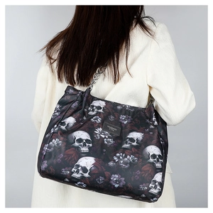 Fashionable Oxford fabric shoulder bag with skull and floral print and metal chain strap