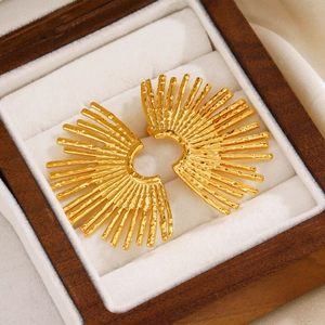 18K gold plated stainless steel fan-shaped earrings in a wooden jewelry gift box