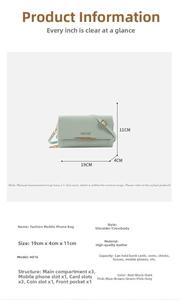 Detail showing dimensions of the mint green premium leather shoulder phone bag with card slots