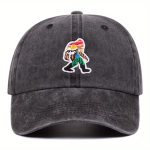 Vintage washed dark grey baseball cap with colorful cartoon embroidery and curved brim