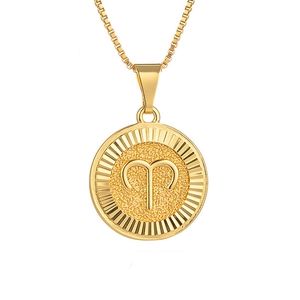 Golden round Aries zodiac coin necklace with a minimalist embossed constellation pendant