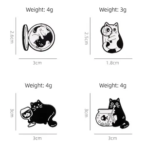 Size and weight guide for cartoon cat enamel pins featuring magnifying glass and black cat