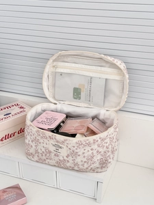 Trousse de toilette florale en velours avec fermeture éclair et poche en filet