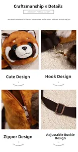 Detail of red panda plush bag showing soft texture, metal hook and adjustable strap