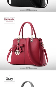 Detail view of lychee leather tote bags featuring bow accents and metal pendants in various colors